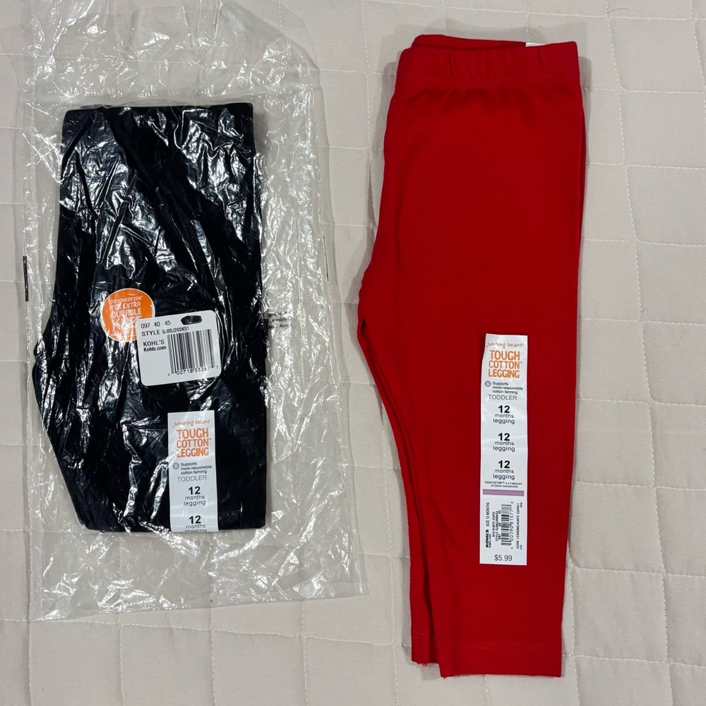 NWT Jumping Beans Bundle 2-Tough Cotton Leggings Red and Black 12M